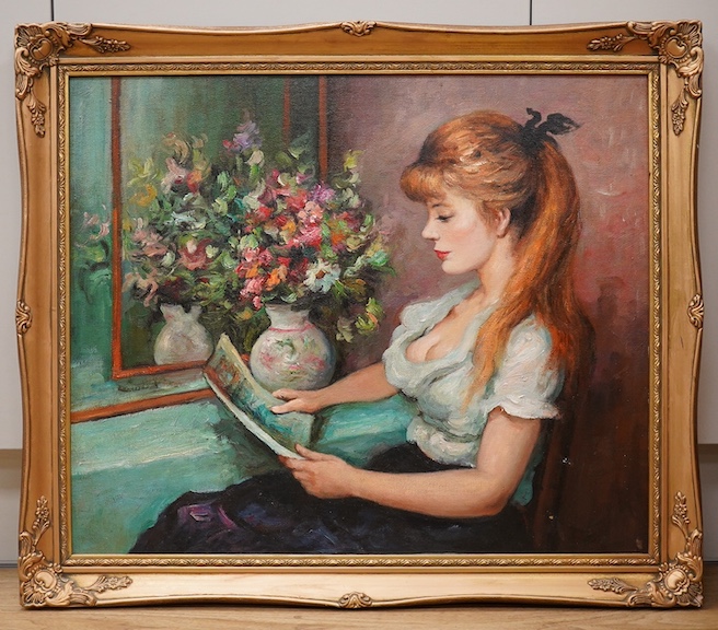 A decorative French Impressionist, oil on board, woman seated before flowers, ornate gilt framed, 49 x 59cm. Condition - good